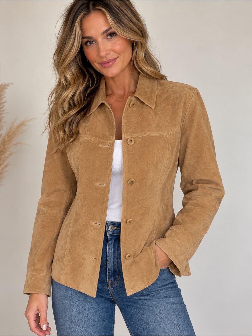 Vintage Y2K Kate Hill Petite Genuine Suede Leather Jacket Tan Camel 14P